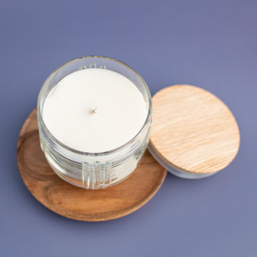 The Chicago unscented soy candle overhead view, art deco glass with oak lid by Unscented Candle Company
