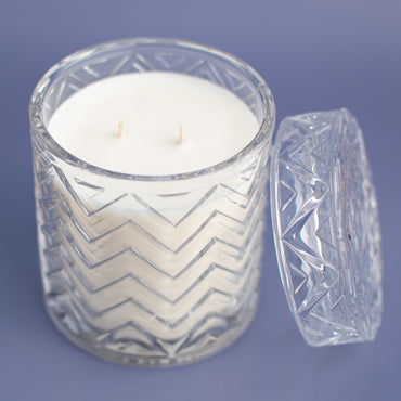 Overhead view of The Paris fragrance free candle showing double wick and glass lid