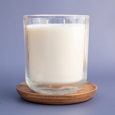 The Stockholm fragrance free candle showing double wick, clear glass vessel by Unscented Candle Company