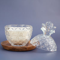 Close up of embossed glass vessel, The Rio de Janeiro soy unscented candle by Unscented Candle Company