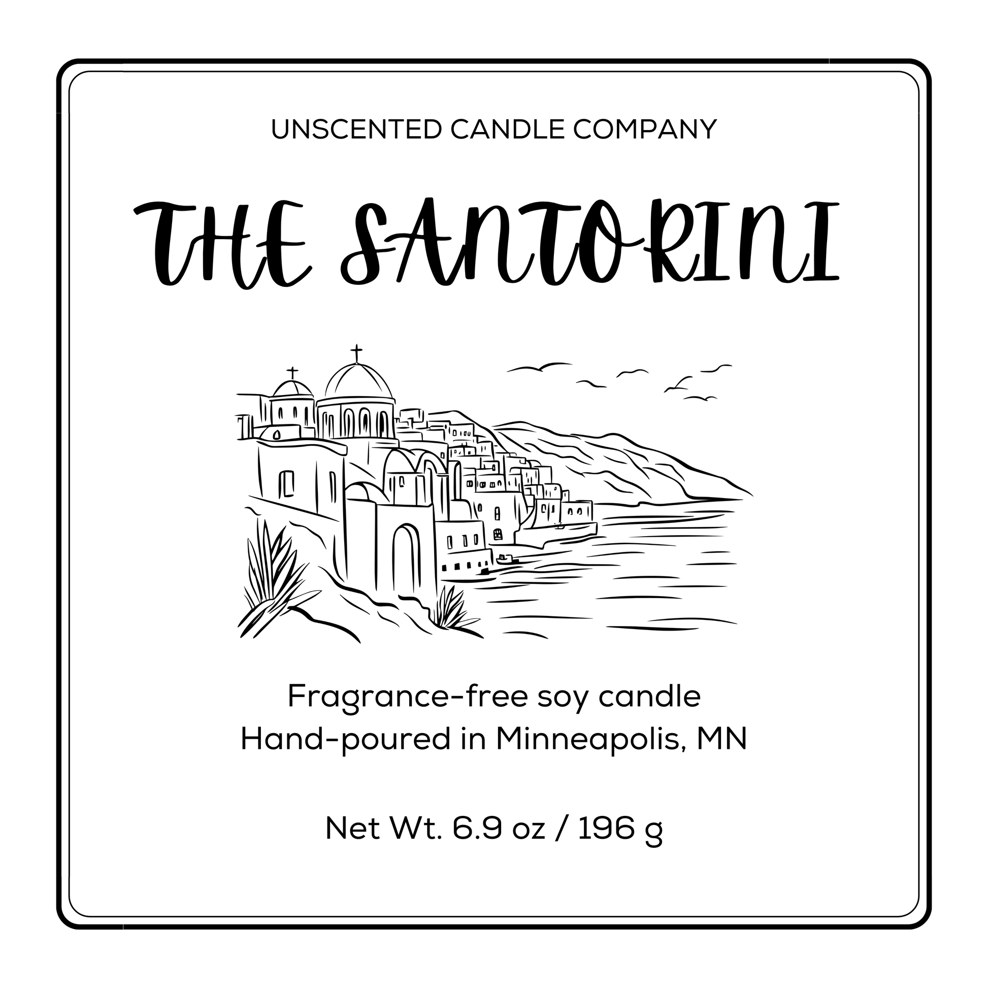 Label for 'The Santorini' unscented candle by the Unscented Candle Company with a scenic illustration.