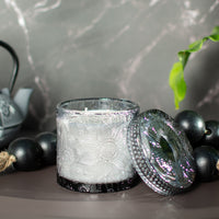 Close up of lotus inspired embossed detail, The Ubud candle by Unscented Candle Company